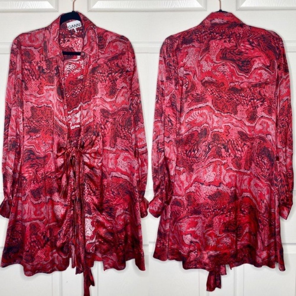 GANNI Printed Satin Long Sleeve Wrap Dress - Picture 3 of 9